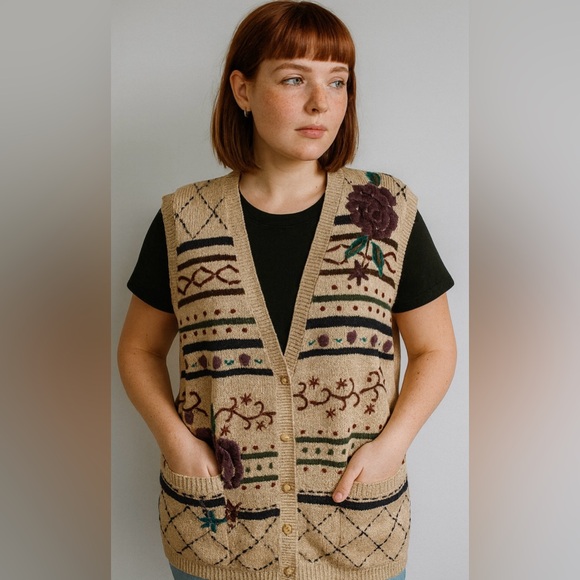 Napa Valley Sweaters - Napa Valley Tan Floral Embroidered Knit Sweater Vest Boho Grannycore Indie Large